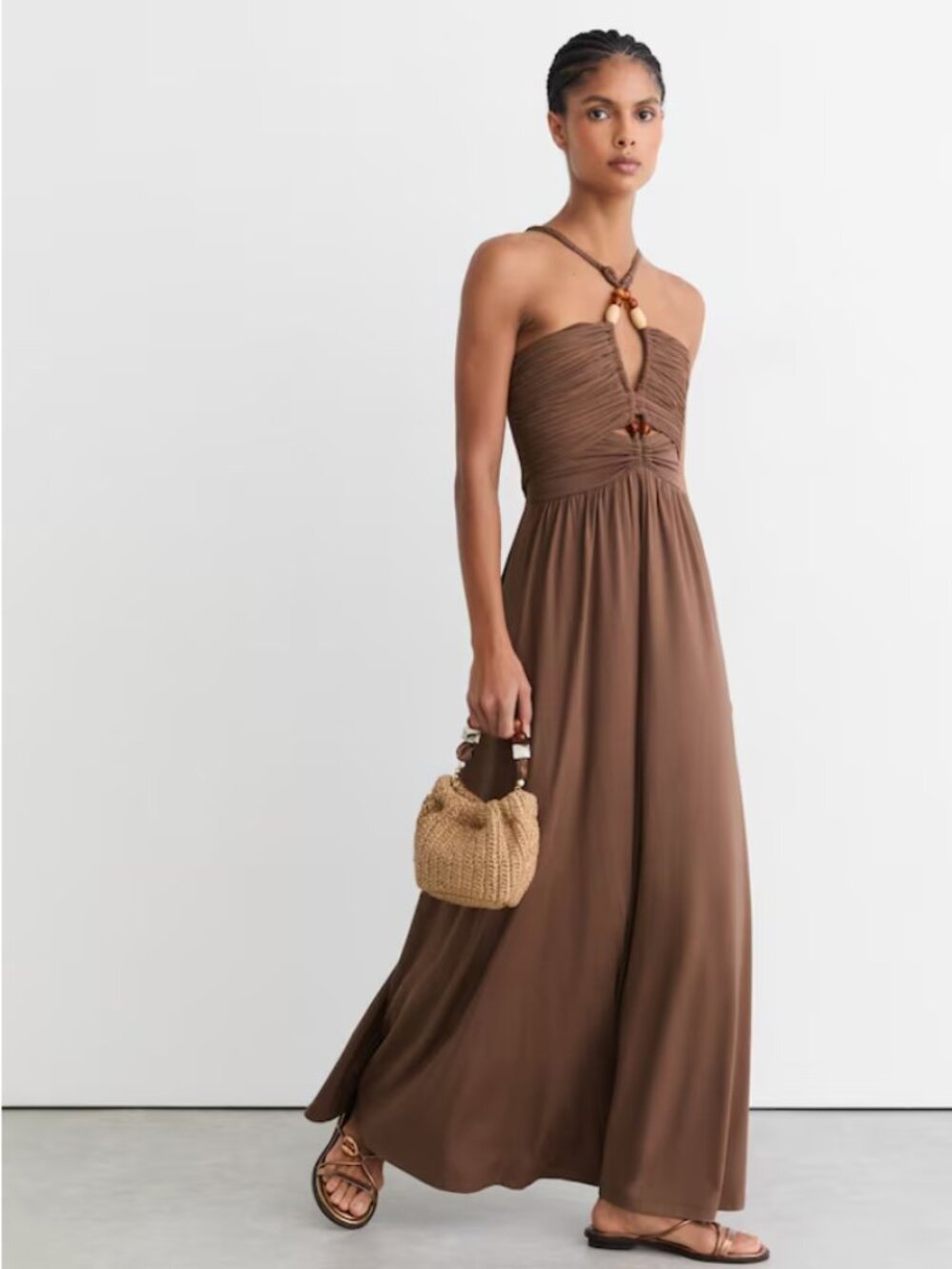 Reiss Eloise dress - Jersey Bead-Detail Ruched Maxi Dress in Taupe Brown sz 8 - Picture 4 of 6